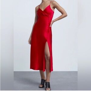 Zara SATIN LINGERIE STYLE DRESS midi with slit
